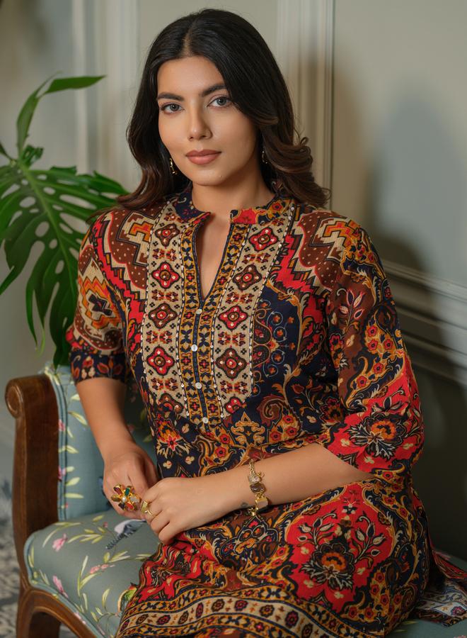 دي دبليو طقم منسق من بلوزة وبنطال بالازو بطبعة أجراك للنساء - Image 4